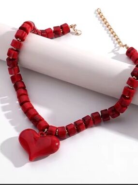Red Heart Beaded Necklace - Women Jewelry